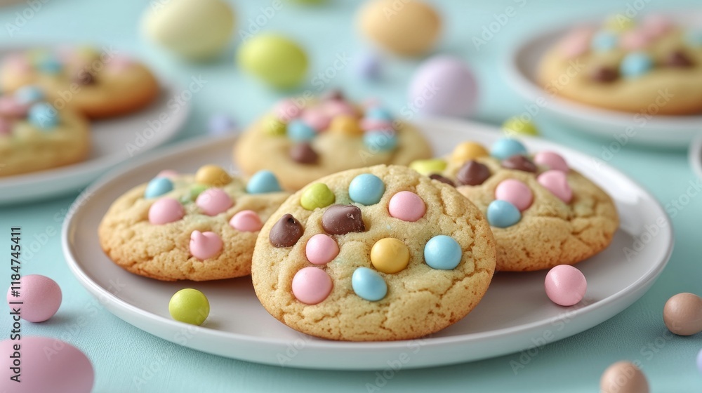 Colorful Easter Cookies with Candy on a Light Blue Background Colorful Easter Cookies with Candy on a Light Blue Background