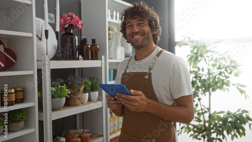 Obraz na płótnie Handsome young man smiling in a home decor store while holding a tablet, surroun