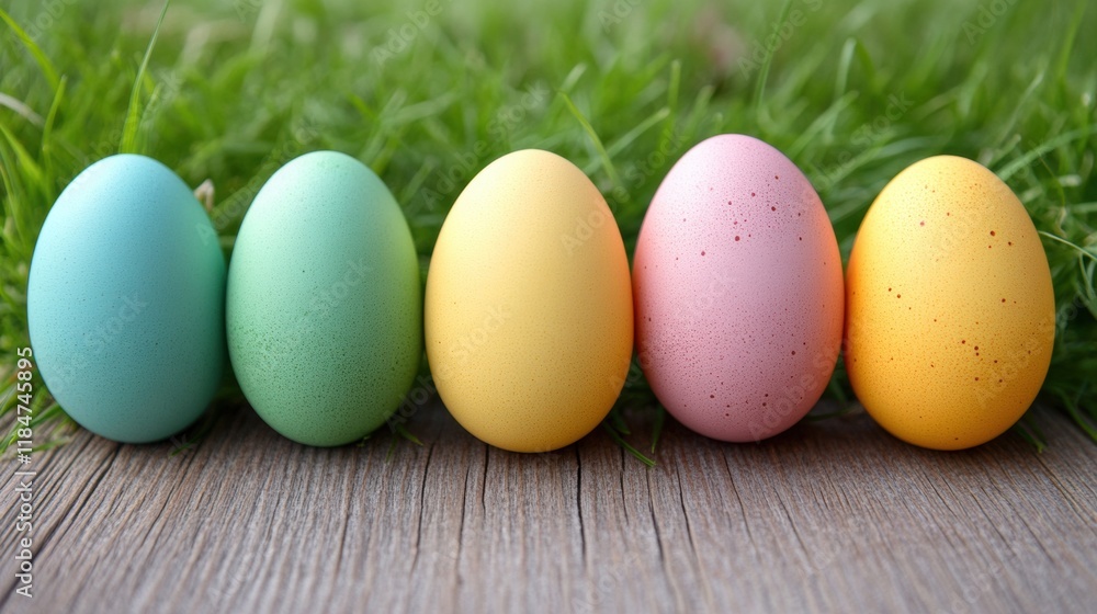 Colorful Easter Eggs Arranged on a Wooden Surface Surrounded by Grass Colorful Easter Eggs Arranged on a Wooden Surface Surrounded by Grass