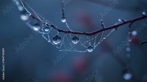 Beautiful raindrops on spider's web trapped on a branch. drops of dew on spider web and tree branches with natural sun light shining through