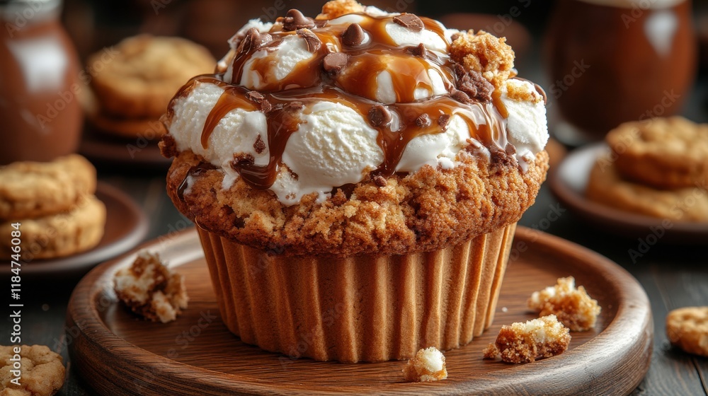 Decadent Caramel Topped Cupcake with Cream and Chocolate Chips Decadent Caramel Topped Cupcake with Cream and Chocolate Chips