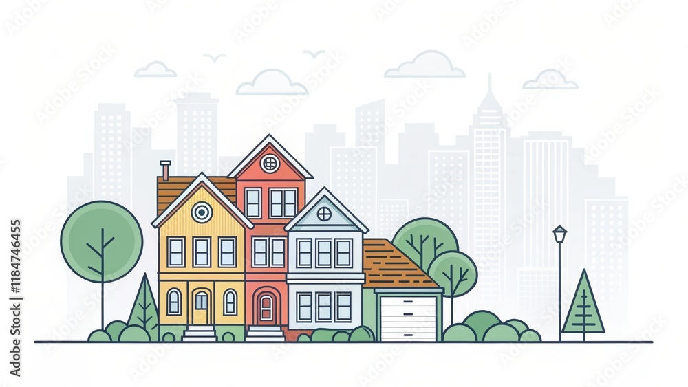 Obraz premium cute house with city landscape illustration background