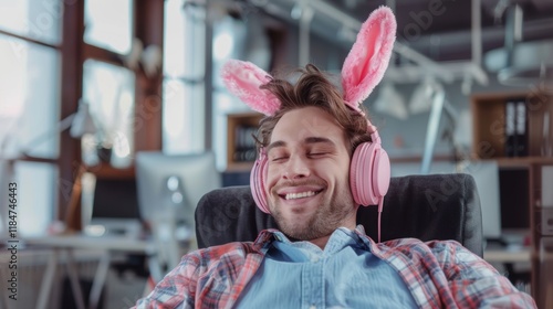 Tired employee in an office with bunny ears, feeling lazy and bored after a holiday party, showing signs of burnout and fatigue photo