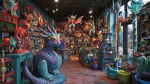 Fototapeta Naklejka Na Ścianę i Meble -  Mystical toy store with fantastical creatures and colorful decor