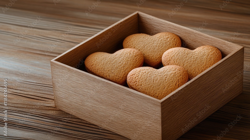 Heart-shaped gingerbread cookies with red glaze and white icing in a wooden box, ideal for Valentine's Day Heart-shaped gingerbread cookies with red glaze and white icing in a wooden box, ideal for Valentine's Day