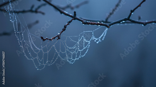 Beautiful raindrops on spider's web trapped on a branch. drops of dew on spider web and tree branches with natural sun light shining through