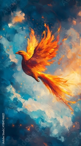 Mystical phoenix soaring amidst colorful fiery clouds. photo