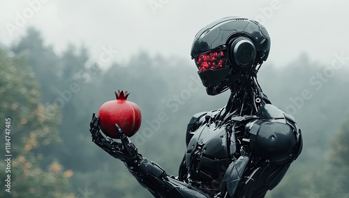 Imagine a creative and abstract robot design, displaying visible gears, levers, and pistons, while it holds a charming devil fruit in its hand photo