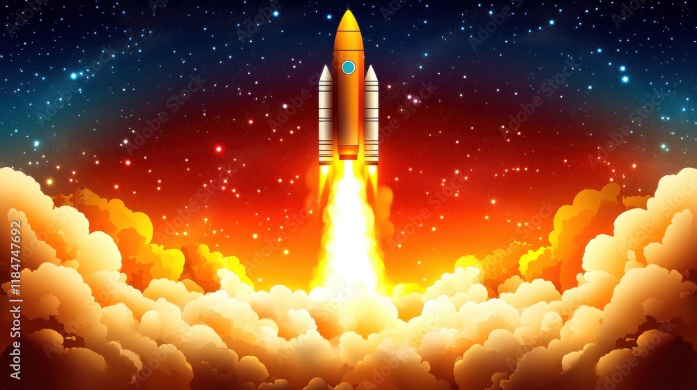 Fototapeta premium Colorful Rocket Launching Into Space with Flames and Clouds