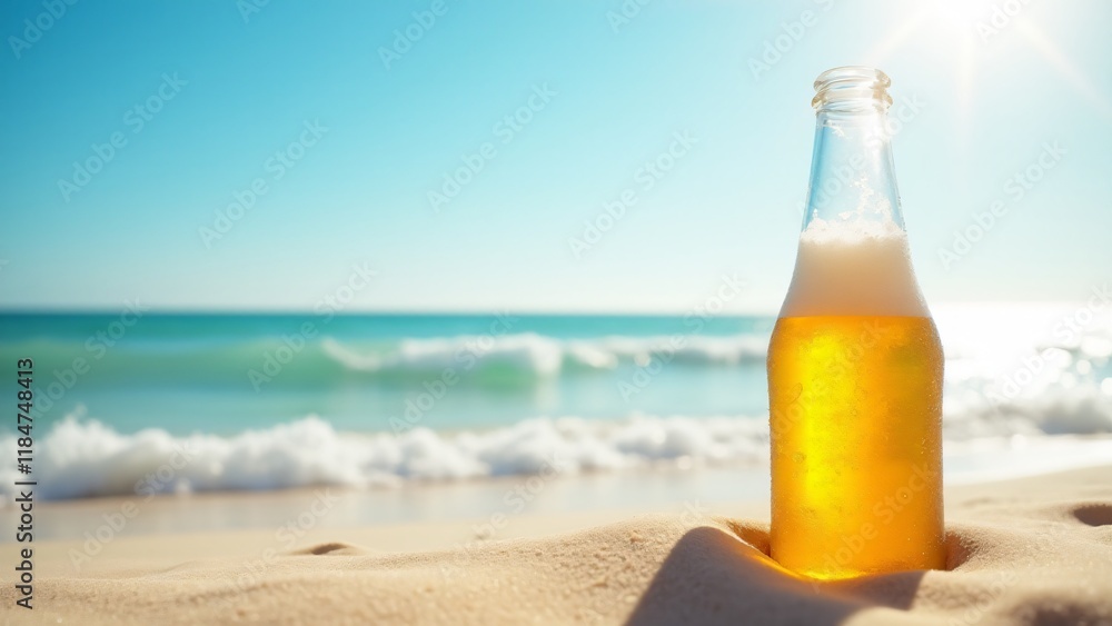 A cold beer resting on the beach, with the sun shining and the ocean waves in the background, creating the perfect relaxing atmosphere for National Beer Day under the sun. A cold beer resting on the beach, with the sun shining and the ocean waves in the background, creating the perfect relaxing atmosphere for National Beer Day under the sun.