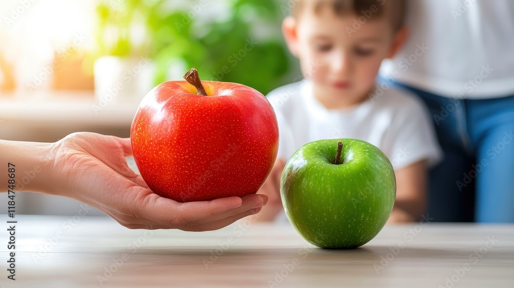 custom made wallpaper toronto digitalA person holds a red apple while a green apple sits on a table, with a child observing in the background.