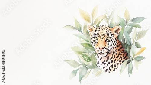 Leopard peeking through green foliage in a watercolor style.