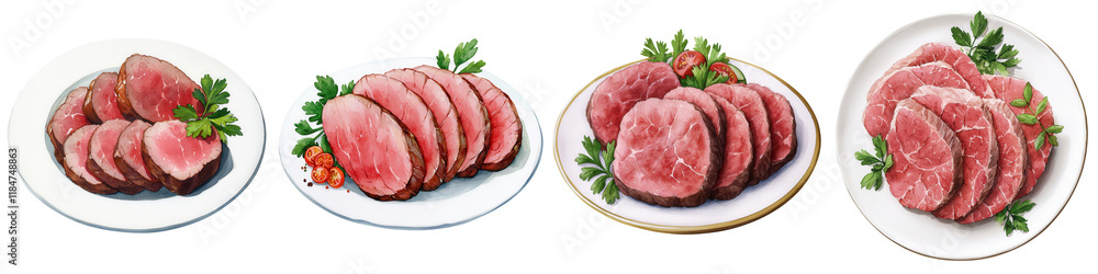 Fresh Meat Slices Served on Elegant Plates Fresh Meat Slices Served on Elegant Plates