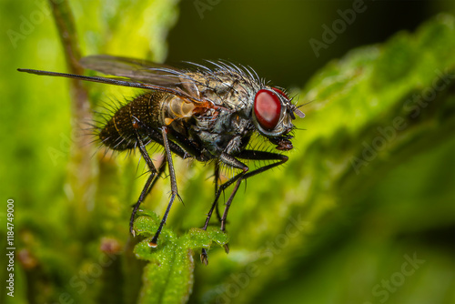 Macro Close-up of a Fly Resting on a Fresh Green Leaf in Nature