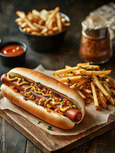 Delicious Classic Hot Dog with Crispy Fries Combo, Mustard ketchup