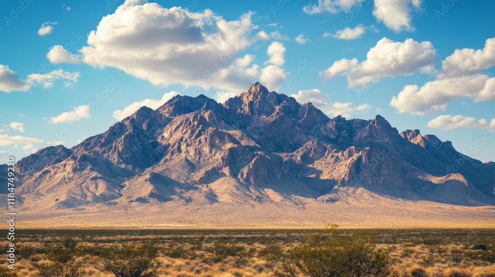 Fototapeta premium Rugged mountains, desert landscape, blue sky, fluffy clouds.