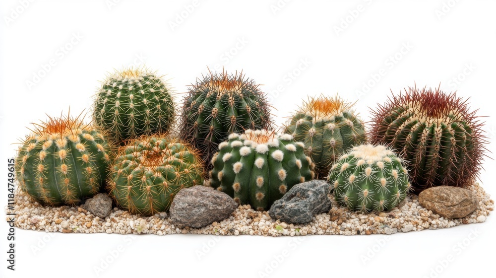 Variety of Unique Cacti with Rocks on White Background Variety of Unique Cacti with Rocks on White Background