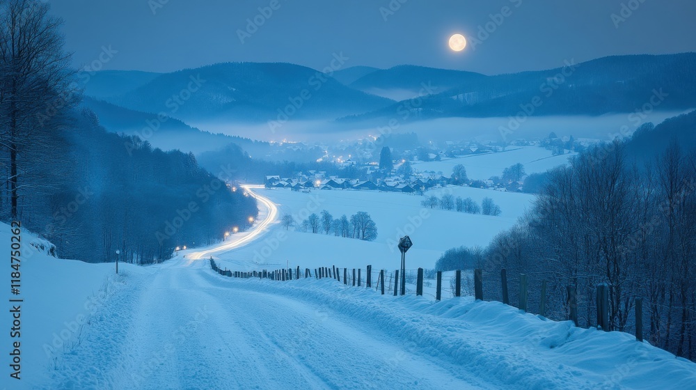 Serene Winter Landscape Under Full Moon Light with Snowy Road Serene Winter Landscape Under Full Moon Light with Snowy Road