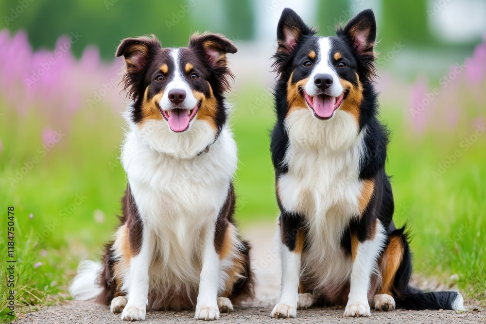 Two happy border collie dogs sitting on the path in a green field with purple flowers Generative AI Two happy border collie dogs sitting on the path in a green field with purple flowers Generative AI