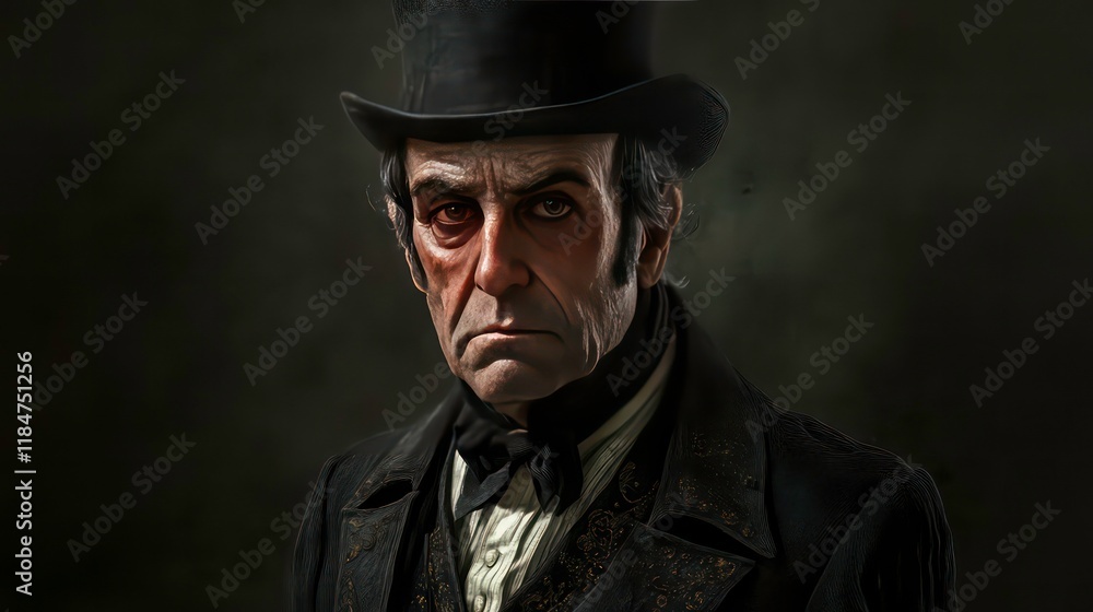Fototapeta premium Portrait of a stern, older man in 19th-century attire, wearing a top hat and dark coat, against a moody background.