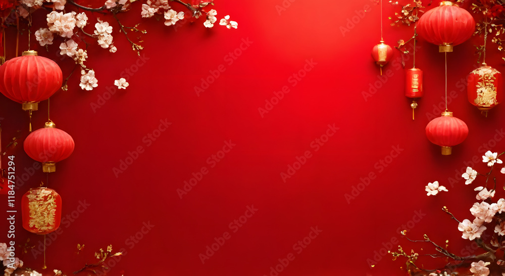 Chinese New Year themed background that conveys celebration, prosperity and happiness with space in the middle for text. Ideal for use in promotional materials, greeting cards and festive designs.
