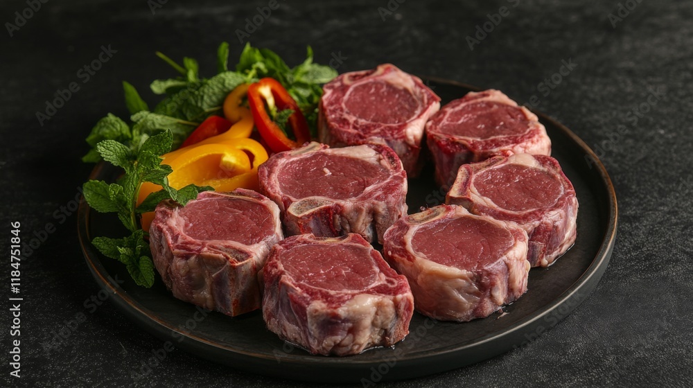 A selection of fresh lamb chops displayed on a dark plate, garnished with fresh mint and a side of colorful peppers for an appetizing presentation. A selection of fresh lamb chops displayed on a dark plate, garnished with fresh mint and a side of colorful peppers for an appetizing presentation.