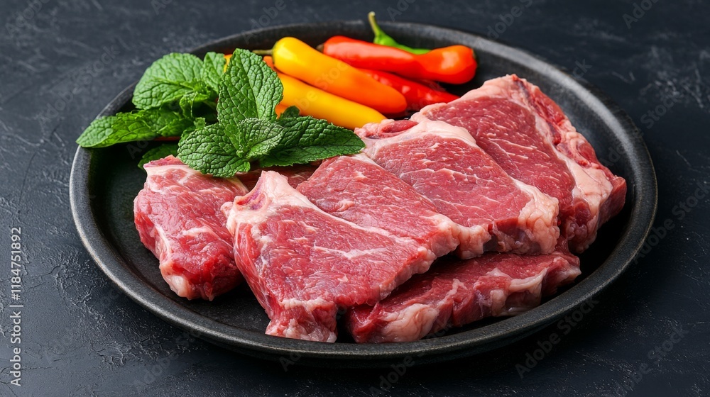 A selection of fresh lamb chops displayed on a dark plate, garnished with fresh mint and a side of colorful peppers for an appetizing presentation. A selection of fresh lamb chops displayed on a dark plate, garnished with fresh mint and a side of colorful peppers for an appetizing presentation.