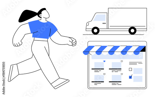 Person walking near a truck and an online storefront with a striped awning, representing themes thumbs up online shopping, delivery, logistics, and e-commerce. Ideal for business, retail, technology