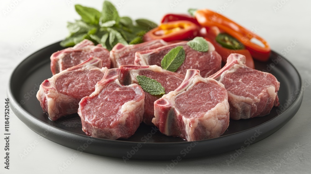 A selection of fresh lamb chops displayed on a dark plate, garnished with fresh mint and a side of colorful peppers for an appetizing presentation. A selection of fresh lamb chops displayed on a dark plate, garnished with fresh mint and a side of colorful peppers for an appetizing presentation.