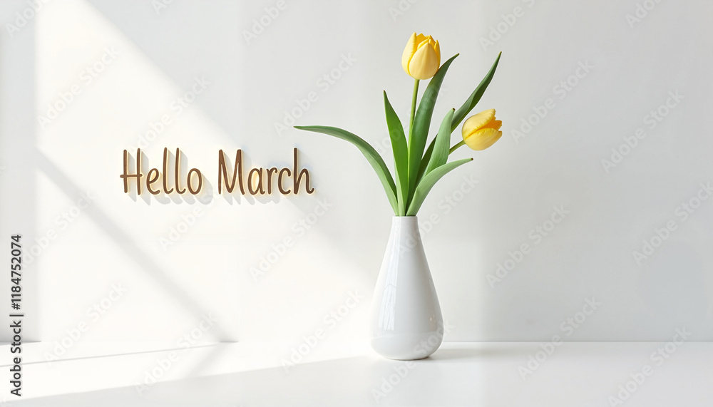Hello March with yellow tulips in white vase on minimalist background Hello March with yellow tulips in white vase on minimalist background