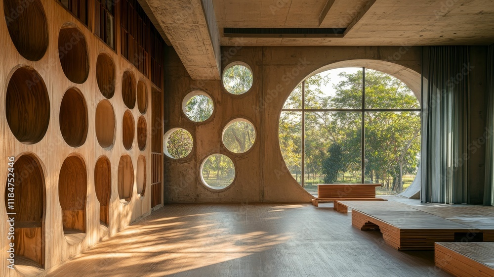 Obraz premium Sunlit interior; concrete, wood, circular windows, tranquil scene.