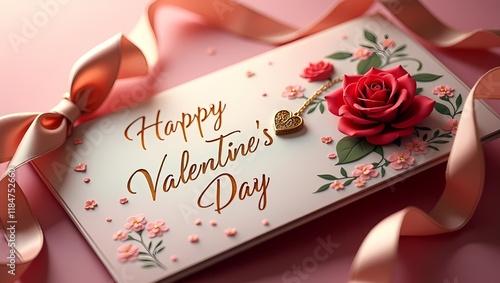 Romantic Elegance: Heartfelt Wishes on a Charming Valentine's Day Card with a Beautiful Rose & Ribbon