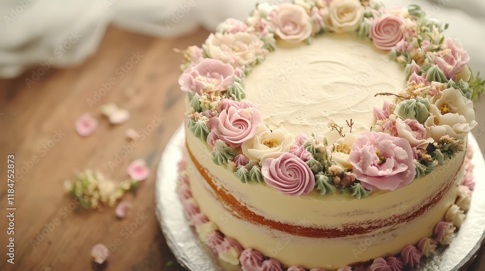 A birthday cake adorned with delicate flowers and pastel icing set on a wooden table A birthday cake adorned with delicate flowers and pastel icing set on a wooden table