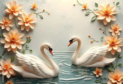 Wallpaper Mural An HD 3D printable wallpaper design featuring elegant golden flowers and graceful swans set against an abstract textured background with realistic details and colors creating a luxurious interior look Torontodigital.ca