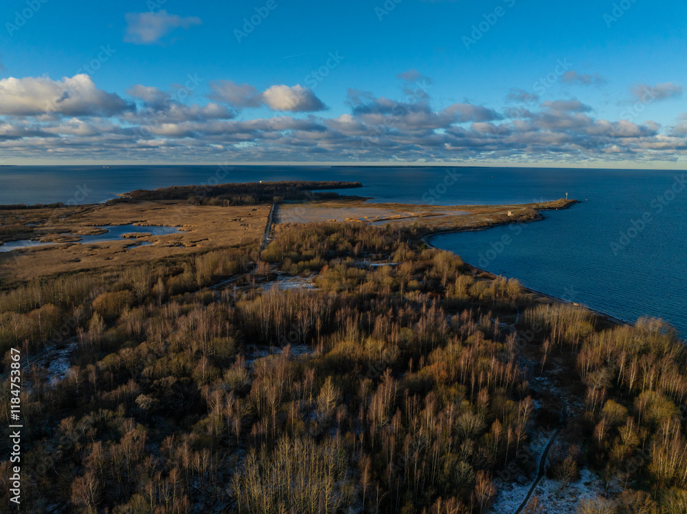 Obraz premium Stunning aerial view of Paljassaare Peninsula in Tallinn, Estonia. Vast coastal landscapes, serene wetlands, and the Baltic Sea meet under a vibrant blue sky. Perfect for nature and travel concept