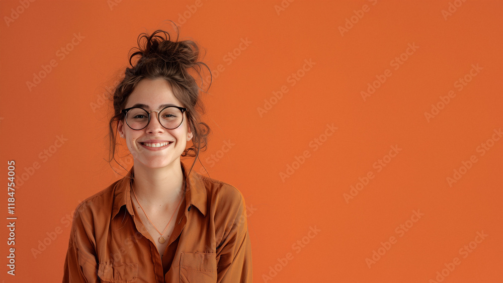Young smiling woman empty orange background copy space Young smiling woman empty orange background copy space