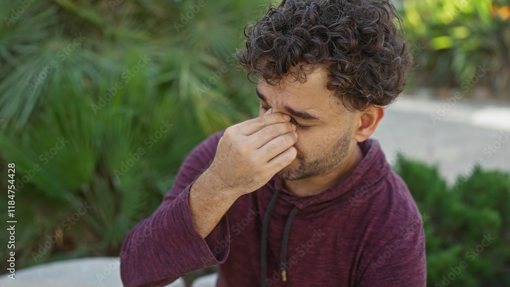 Young hispanic man in urban park rubbing eyes outdoors, looking thoughtful on a sunny day in casual outfit with greenery background, capturing natural surroundings and expression.