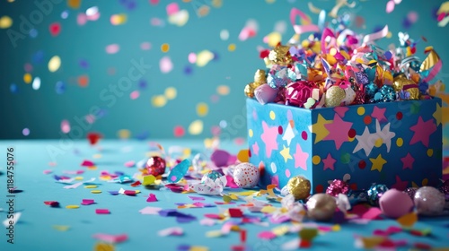 A birthday-themed gift box overflowing with confetti and small surprises on a decorated table photo