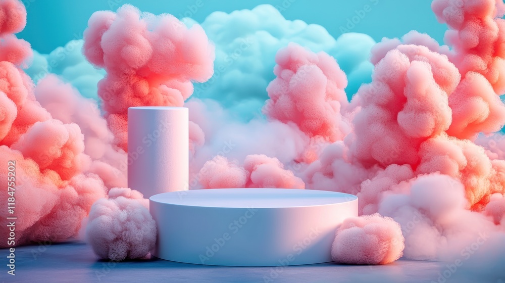 Dreamy Scene of Pink Clouds and Geometric Shapes in a Whimsical Sky Setting Dreamy Scene of Pink Clouds and Geometric Shapes in a Whimsical Sky Setting