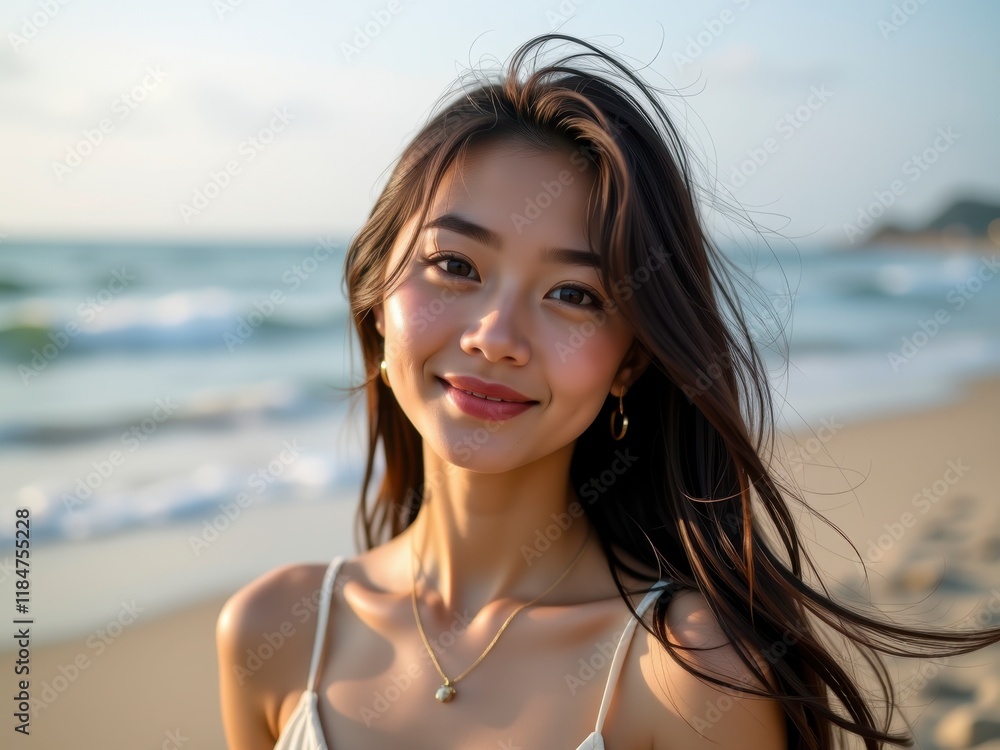 Beautiful Woman Smiling at Beach Summer Ocean Sunset Beautiful Woman Smiling at Beach Summer Ocean Sunset