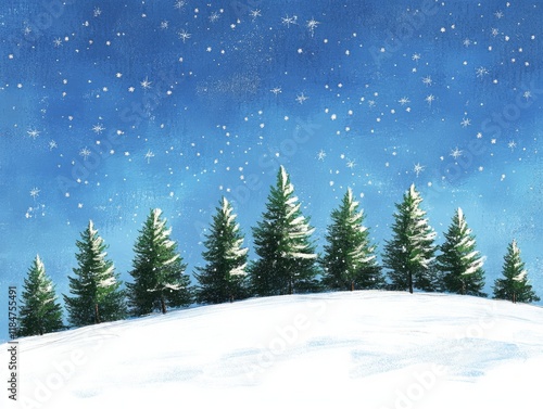 Snowy Hilltop Winter Scene With Evergreen Trees