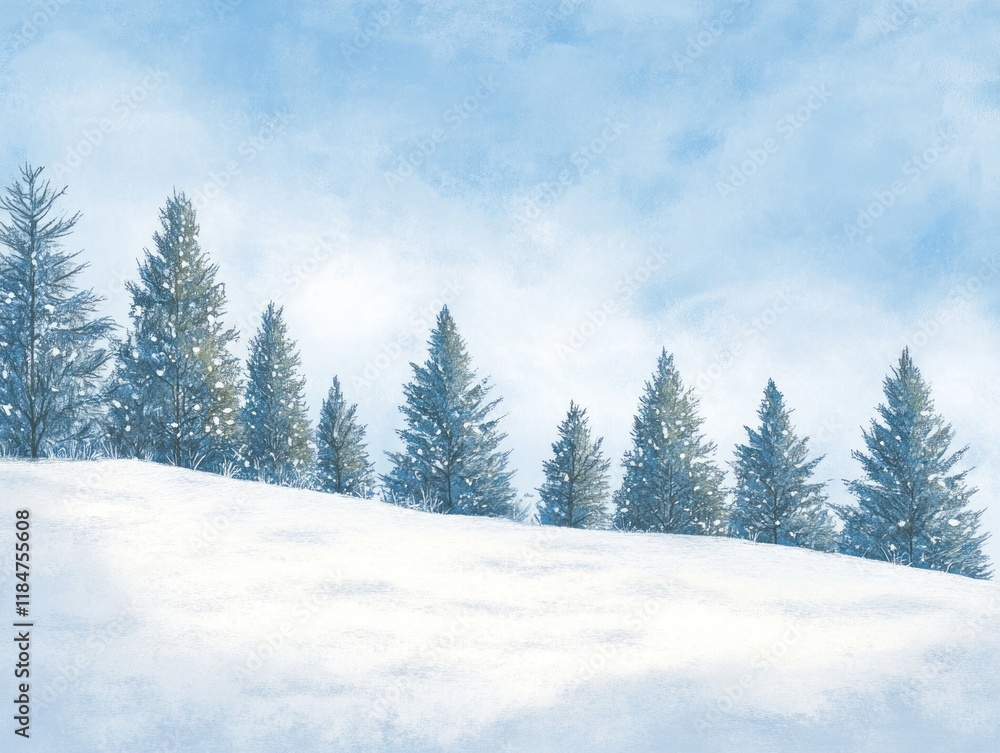 Snowy Hillside Winter Scene With Evergreen Trees Snowy Hillside Winter Scene With Evergreen Trees