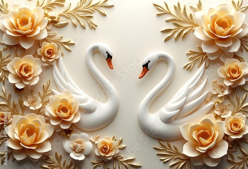 An HD 3D printable wallpaper design featuring elegant golden flowers and graceful swans set against an abstract textured background with realistic details and colors creating a luxurious interior look photo