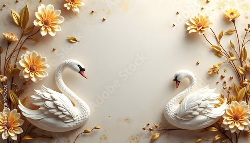 Wallpaper Mural An HD 3D printable wallpaper design featuring elegant golden flowers and graceful swans set against an abstract textured background with realistic details and colors creating a luxurious interior look Torontodigital.ca
