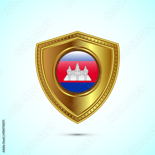 Rounded flag of Cambodia with glossy gold shield