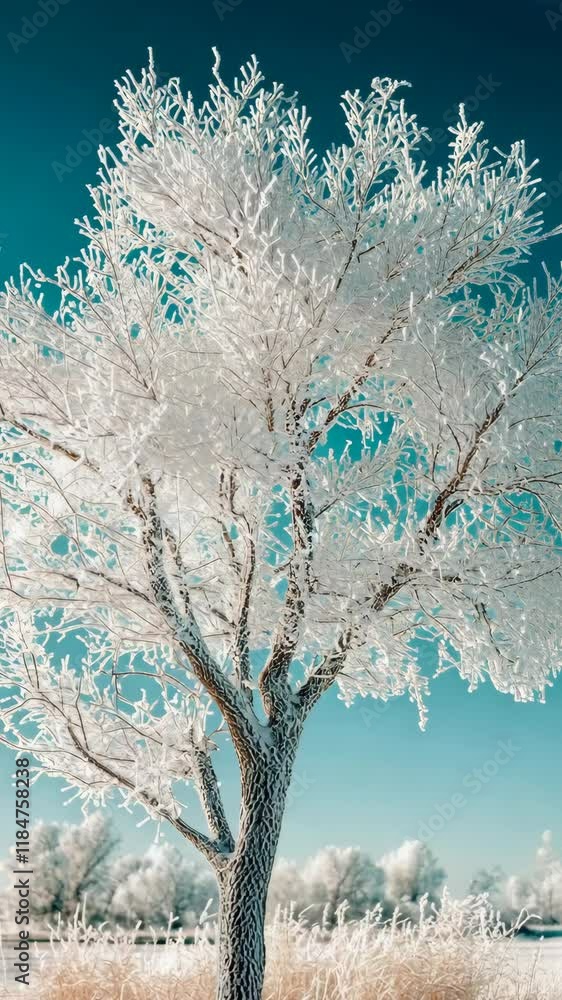 Frost-covered tree stands against a clear blue sky in a serene winter landscape during midday Frost-covered tree stands against a clear blue sky in a serene winter landscape during midday