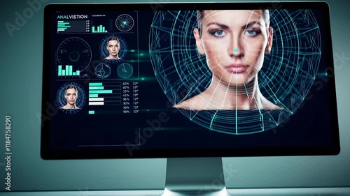 A facial recognition interface displayed on a sleek computer monitor photo