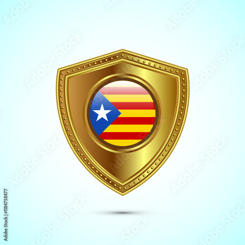 Rounded flag of Catalonia with glossy gold shield