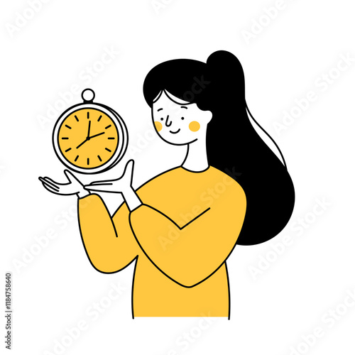 Cute cartoon woman holding a clock. Young character save plan countdown and management time. Deadline concept schedule. Outline illustration