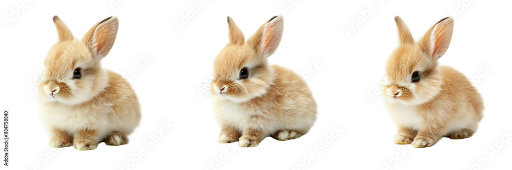 Fototapeta premium Set of A close-up of a bunny with soft grey fur and long ears, sitting and looking curiously towards the camera on transparent png background